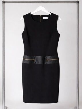 Calvin Klein Black Sleeveless Ponte Sheath Dress with Leather Waist Trim